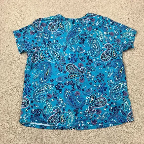Woman Within Knit Top Women's 22/24 Short Sleeve Blue Paisley Crew Neck Cotton - Picture 5 of 9